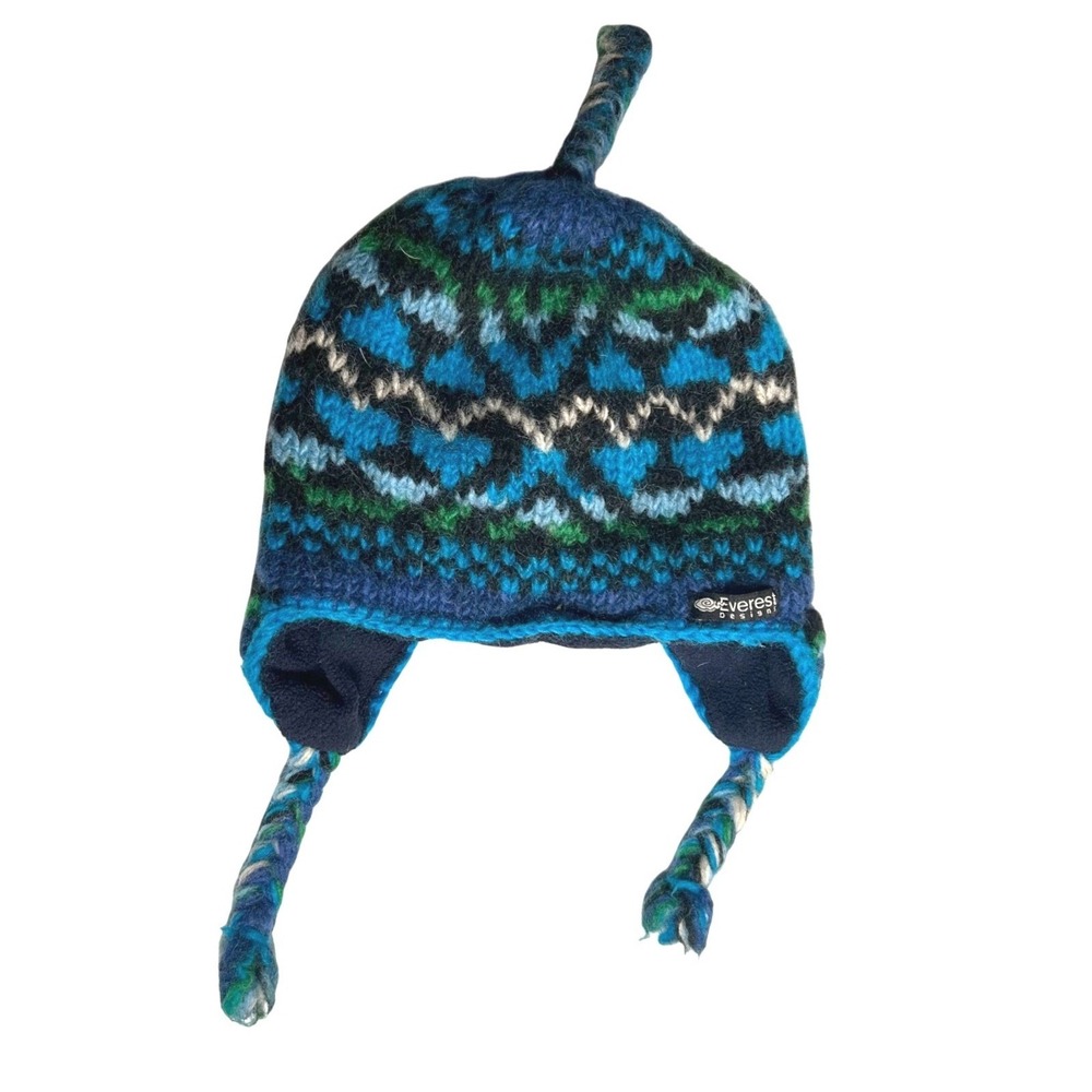 everest designs sherpa earflap blue‎ wool fleece lined youth size 5-12  knit hat
